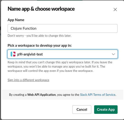 Slack Web UI - name app and choose workspace
